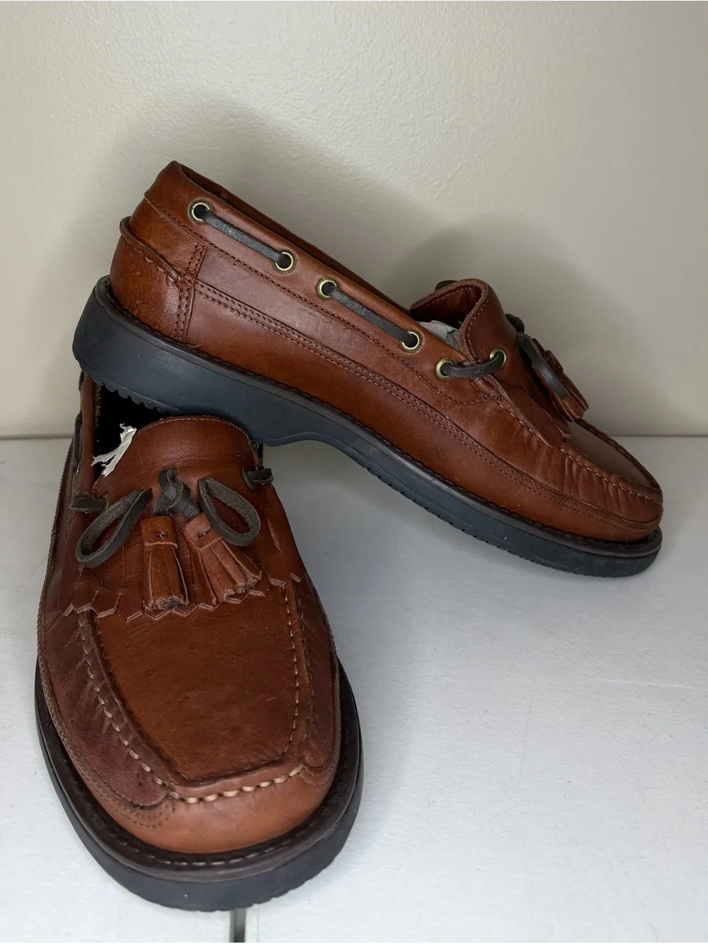 Deer Stags Chestnut Brown Leather Tassel Boat Loafers